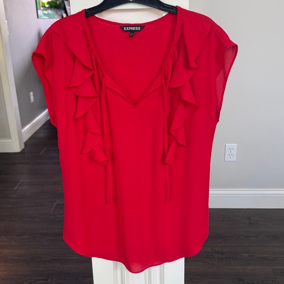 Express Tops - Express Women's Bright Red Ruffle Tie V-Neck Blouse Medium